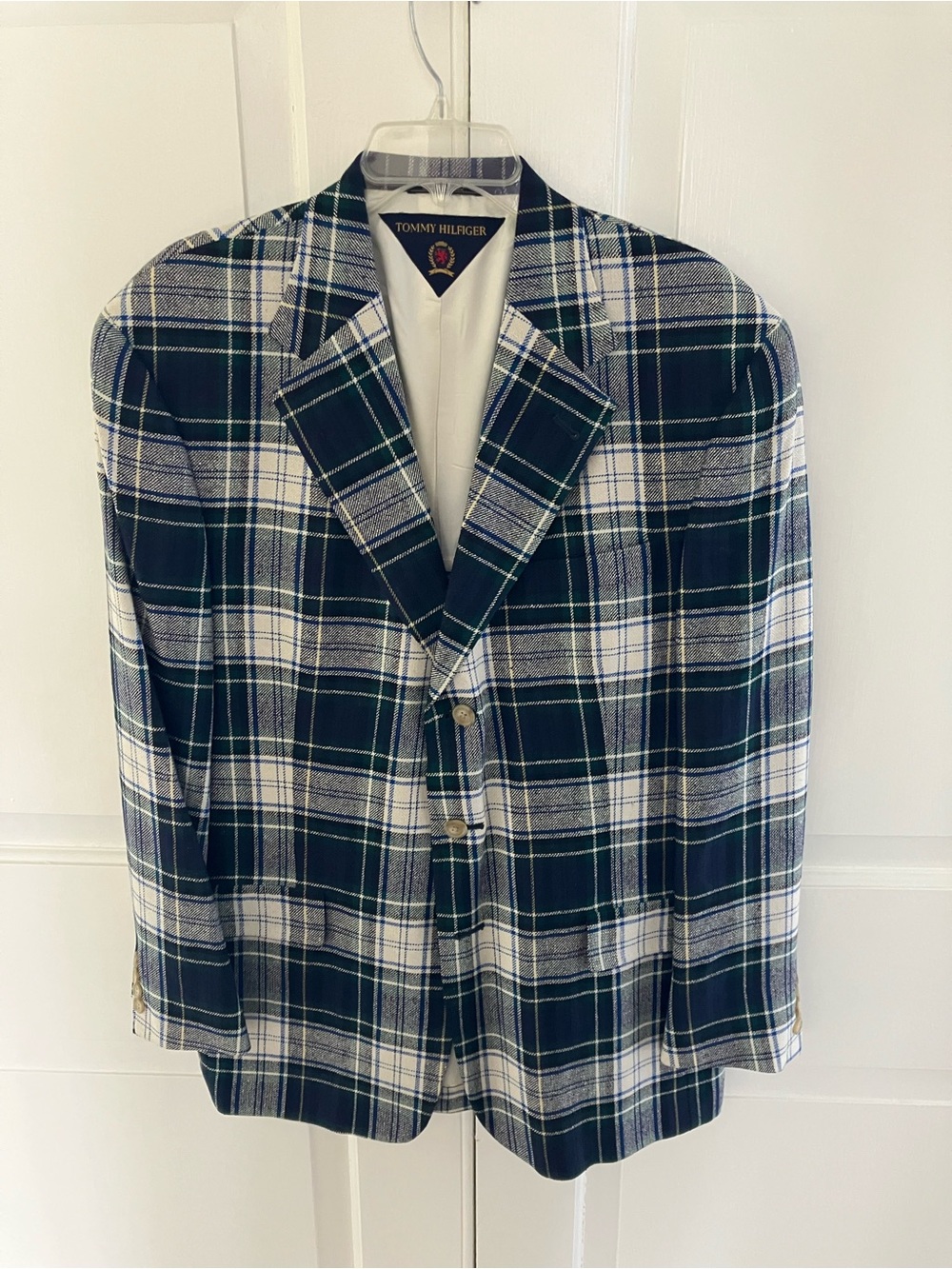 Vintage Tommy Hilfiger Men's Green & White Plaid Blazer, Size 42 Regular.